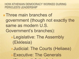 How Athenian democracy worked during Pericles's leadershipThree main branches of government (though not exactly the same as modern U.S. Government’s branches):Legislative: The Assembly (Ekklesia) Judicial: The Courts (Heliaea)Executive: The Generals (Strategoi) & the Archons.