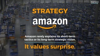 STRATEGY
Amazon rarely explains its short-term
tactics or its long-term strategic vision.
It values surprise.
 