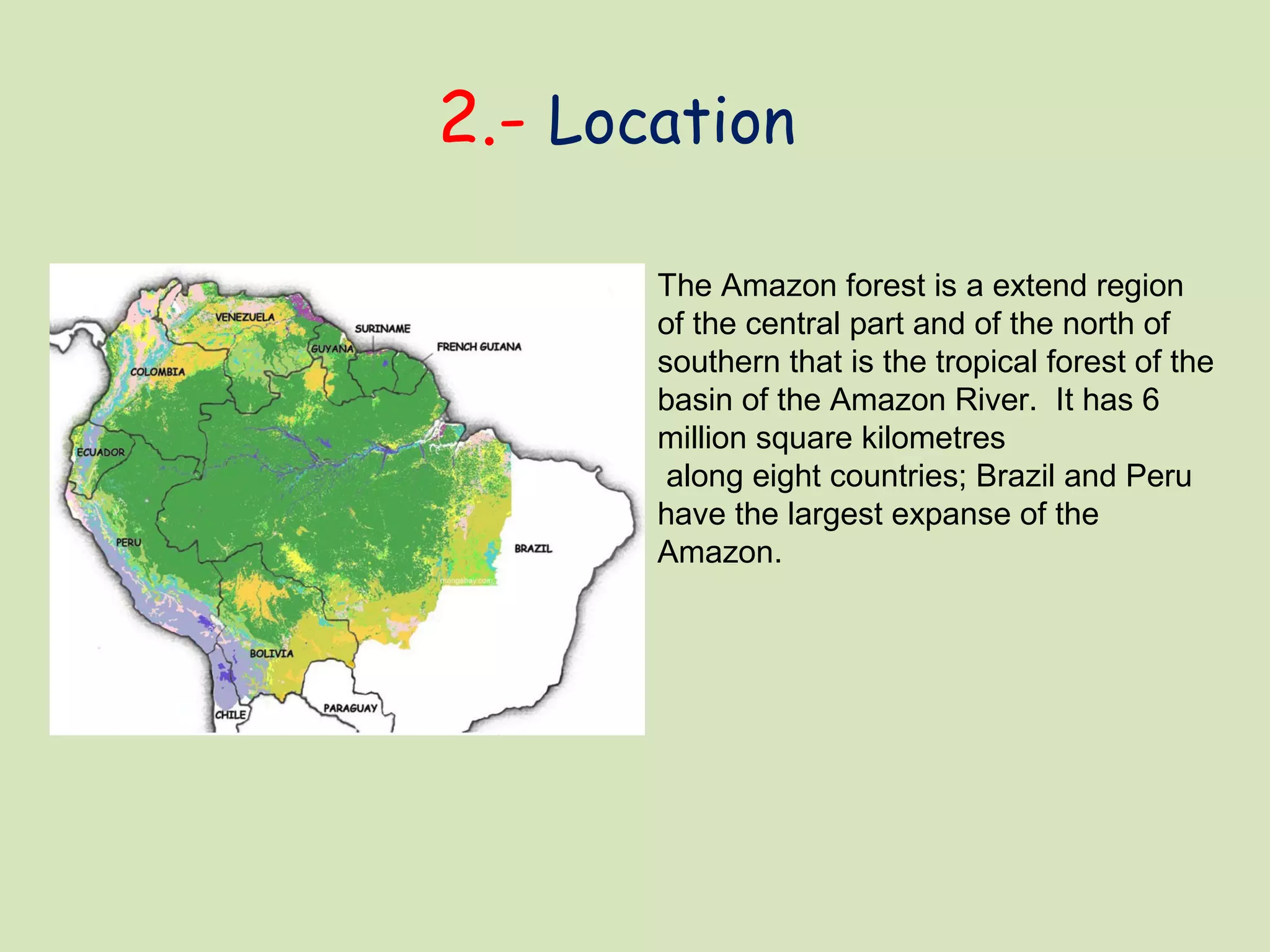 2.- Location
The Amazon forest is a extend region
of the central part and of the north of
southern that is the tropical forest of the
basin of the Amazon River. It has 6
million square kilometres
along eight countries; Brazil and Peru
have the largest expanse of the
Amazon.
 