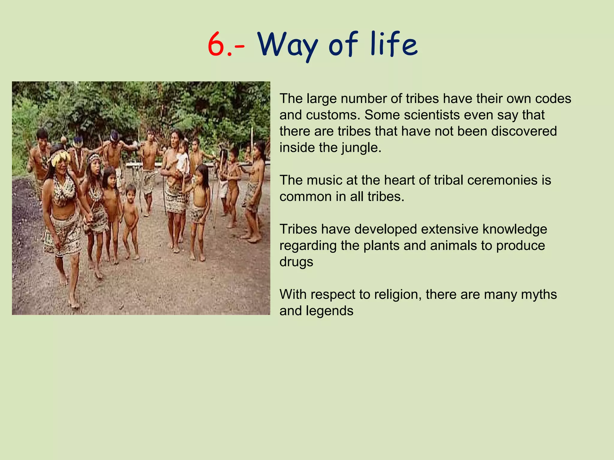 6.- Way of life
The large number of tribes have their own codes
and customs. Some scientists even say that
there are tribes that have not been discovered
inside the jungle.
The music at the heart of tribal ceremonies is
common in all tribes.
Tribes have developed extensive knowledge
regarding the plants and animals to produce
drugs
With respect to religion, there are many myths
and legends
 