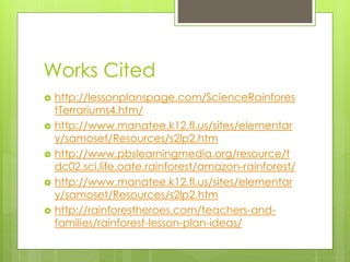 Works Cited
 http://lessonplanspage.com/ScienceRainfores
tTerrariums4.htm/
 http://www.manatee.k12.fl.us/sites/elementar
y/samoset/Resources/s2lp2.htm
 http://www.pbslearningmedia.org/resource/t
dc02.sci.life.oate.rainforest/amazon-rainforest/
 http://www.manatee.k12.fl.us/sites/elementar
y/samoset/Resources/s2lp2.htm
 http://rainforestheroes.com/teachers-and-
families/rainforest-lesson-plan-ideas/
 