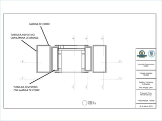 Universidad  Iberoamericana
UNIBE
Pamela  Alcantara
14-­0225
Diseño  y  Estructura
de  Muebles
Prof.  Magaly  Caba
Propuesta  Trono
Wonder  Woman
The  Amazon  Throne
16  de  Marzo,  2016
Vista  C
Scale:  1:10
  
1 1
2 2
33
44
55
TUBULAR,	
  REVESTIDO	
  	
  
CON	
  LÁMINA	
  DE	
  BRONZE	
  
TUBULAR,	
  REVESTIDO	
  	
  
CON	
  LÁMINA	
  DE	
  COBRE	
  
LÁMINA	
  DE	
  COBRE	
  
 
