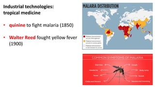 Industrial technologies:
tropical medicine
• quinine to fight malaria (1850)
• Walter Reed fought yellow fever
(1900)
 