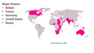 Major Powers:
• Britain
• France
• Germany
• United States
• Russia
British Empire in 1920
 