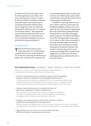 Manufacturing Opportunity




            by Deloitte and the Council support recent             in producing finished products on time and at
            free trade negotiations, such as those with            minimum cost. Modern power grids and tele-
            Korea (which promise to boost U.S. exports             communications networks play similar roles in
            by $10 to $11 billion), Colombia, and Panama,          moving energy and information.
            many labor leaders interviewed for Ignite                 In addition to improving America’s road-
            3.0 expressed frustration with these agree-            ways, airports, waterways, electric grid, and
            ments, calling them unfair, one-sided, and             broadband capabilities, infrastructure invest-
            detrimental to national security, U.S. industry,       ments also can create long-term, high-paying
            and American workers.39 They argued that               jobs in the United States, putting thousands
            narrowly defined trade policies alone are not          of people back to work while encouraging
            sufficient to position U.S. businesses fairly          private investment. The Federal Aid Highway
            in the international marketplace and may be            Act of 1956, the largest public works project
            detrimental to domestic production.40                  in U.S. history, is often cited as an example of
                                                                   how large, nationally supported infrastruc-
                                                                   ture projects can create long-term benefits
            Infrastructure                                         and prosperity. Proponents of greater infra-

            T    ransportation infrastructure is
                 vitally important to U.S. manufacturing
            competitiveness in terms of attracting busi-
                                                                   structure investment also point to recent
                                                                   Congressional Budget Office estimates which
                                                                   suggest that every dollar of infrastructure
            ness investment, improving the effectiveness of        spending generates an additional 60 cents in
            logistics, the movement of raw materials, and          economic activity.41




            Recommendations: Economic, Trade, Financial, and Tax Systems
            Participants in the Ignite series offered the following recommendations to
            improve America’s economic, trade, financial, and tax systems.

            •	Institute a comprehensive reform of federal corporate taxes that provides
              long-term clarity and stability and offers globally competitive rates.
              This should involve the reduction or elimination of taxes on repatriated foreign earnings
              and permanent research and development tax credits that favor U.S.-based innovation,
              continuing STEM education, and the acquisition of R&D equipment and infrastructure.

            •	Develop a benchmarking process to analyze the impact of
              government regulations on global competitiveness.
              This could help diminish the cost and complexity of regulatory compliance.
              The nation’s overlapping federal, state, and local regulations are challenging
              to navigate and can create barriers to innovation and growth.

            •	Develop a new trade promotion and fast-track authority to quickly
              establish fair and equitable free trade agreements.
              One task should be the establishment of a set of principles to guide the formulation of beneficial
              trade agreements that address environmental and worker protections and resolve trade imbalances.

            •	Aggressively pursue the closure of a commercially meaningful
              WTO Doha Agenda to lower global trade barriers.




22
 