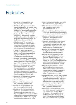 Manufacturing Opportunity




Endnotes
            1.	 Deloitte and The Manufacturing Insti-            13.	http://www3.weforum.org/docs/WEF_MOB_
                tute, Unwavering Commitment, p. 3.                   FutureManufacturing_Report_2012.pdf
            2.	 Peter Marsh, “Emerging Economies Flex            14.	http://www.themanufacturinginstitute.
                Manufacturing Muscle,” The Financial Times           org/~/media/A07730B2A798437
                (March 14, 2011), http://blogs.ft.com/beyond-        D98501E798C2E13AA.ashx
                brics/2011/03/14/emerging-economies-flex-        15.	Deloitte and US Council on Competitiveness,
                manufacturing-muscle/#axzz1kRi1RNyE.                 2010 Global Manufacturing Competitiveness In-
            3.	 Deutsche Bank Group/DB Advisors, The                 dex, p. 7.; and Deloitte Touche Tohmatsu, 2010.
                Decline of U.S. Manufacturing: Fact or Fic-      16.	Deloitte and The U.S. Council on Com-
                tion? (Frankfurt am Main, March 2011), p. 1,         petitiveness, 2010 Global Manufactur-
                https://www.dbadvisors.com/content/_me-              ing Competitiveness Index, p. 7.
                dia/DAM466_CloserLook0311.pdf.
                                                                 17.	Bureau of National Affairs, “Aspen Institute
            4.	 Uday Karmarkar, “The Increase in U.S.                Says U.S. Companies Will Provide More
                Manufacturing Jobs Is Nothing to Cheer               Training in 21st Century,” Daily Labor Report
                About,” Harvard Business Review (January             (March 6, 2003), http://www.aspenwsi.org/
                20, 2011), http://blogs.hbr.org/cs/2011/01/          Publications/WSI-DailyLaborRpt.pdf.
                why_the_increase_in_us_manufac.html.
                                                                 18.	Deloitte and The Manufacturing Institute,
            5.	 “Report: US Lost 28% Of High-Tech                    Boiling Point? The Skills Gap in U.S. Manu-
                Manufacturing Jobs,” Manufacturing.Net,              facturing (October 2011), pp. 1, 9 & 11.
                January 19, 2012, http://www.manufactur-
                ing.net/news/2012/01/report-us-lost-             19.	Deloitte and The U.S. Council on Com-
                28-of-high-tech-manufacturing-jobs.                  petiveness, Ignite 2.0: Voices of American
                                                                     University Presidents and National Lab
            6.	 Economic Policy Institute, Updated Employ-           Directors on Manufacturing Competitiveness
                ment Multipliers for the U.S. Economy, by Josh       (August 2011), p. 22, http://www.deloitte.com/
                Bivens (August 2003), http://www.epi.org/            assets/Dcom-UnitedStates/Local%20Assets/
                page/-/old/workingpapers/epi_wp_268.pdf.             Documents/us_auto_Ignite2_111711.pdf.
            7.	 Deloitte and The Manufacturing Institute,        20.	Deloitte and The U.S. Council on Com-
                Unwavering Commitment: The Public’s                  petiveness, Ignite 1.0: Voice of American
                View of the Manufacturing Industry Today             CEOs on Manufacturing Competitiveness
                (2011), p. 1, http://www.deloitte.com/as-            (January 2011), p. 28, http://www.compete.
                sets/Dcom-UnitedStates/Local%20Assets/               org/images/uploads/File/PDF%20Files/
                Documents/us%20cip%202011PublicViewon-               Ignite_1-0_FINAL_02.14_.11_.pdf.
                ManufacturingReport%20090811.pdf.
                                                                 21.	QS TopUniversities, “2010 QS Asian University
            8.	 Deloitte and The Manufacturing Institute,            Rankings: a Case of Quantity over Quality for
                Unwavering Commitment, pp. 7 & 9.                    Mainland China’s Universities?,” http://www.
            9.	 Deloitte analysis.                                   topuniversities.com/university-rankings/
            10.	Deloitte and The Manufacturing Insti-                asian-rankings/2010-qs-asian-university-
                tute, Unwavering Commitment, p. 3.                   rankings-case-quantity-over-quality-main.

            11.	Deloitte and The Manufacturing Insti-            22.	Deloitte and The Manufacturing Insti-
                tute, Unwavering Commitment, p. 2.                   tute, Unwavering Commitment, p. 3

            12.	Deloitte and The U.S. Council on Com-            23.	Georgetown University Center on Educa-
                petitiveness, 2010 Global Manufacturing              tion and the Workforce, What’s it Worth:
                Competitiveness Index (June 2010), p. 14,            The Economic Value of College Majors,
                http://www.deloitte.com/assets/Dcom-Global/          by Anthony P. Carnevale, Jeff Strohl and
                Local%20Assets/Documents/Manufacturing/              Michelle Melton (May 2011), pp. 74-82,
                dtt_2010%20Global%20Manufacturing%20                 http://www9.georgetown.edu/grad/gppi/
                Competitiveness%20Index_06_28_10.pdf.                hpi/cew/pdfs/whatsitworth-complete.pdf.


28
 