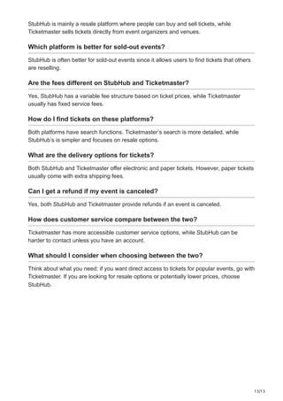 13/13
StubHub is mainly a resale platform where people can buy and sell tickets, while
Ticketmaster sells tickets directly from event organizers and venues.
Which platform is better for sold-out events?
StubHub is often better for sold-out events since it allows users to find tickets that others
are reselling.
Are the fees different on StubHub and Ticketmaster?
Yes, StubHub has a variable fee structure based on ticket prices, while Ticketmaster
usually has fixed service fees.
How do I find tickets on these platforms?
Both platforms have search functions. Ticketmaster’s search is more detailed, while
StubHub’s is simpler and focuses on resale options.
What are the delivery options for tickets?
Both StubHub and Ticketmaster offer electronic and paper tickets. However, paper tickets
usually come with extra shipping fees.
Can I get a refund if my event is canceled?
Yes, both StubHub and Ticketmaster provide refunds if an event is canceled.
How does customer service compare between the two?
Ticketmaster has more accessible customer service options, while StubHub can be
harder to contact unless you have an account.
What should I consider when choosing between the two?
Think about what you need: if you want direct access to tickets for popular events, go with
Ticketmaster. If you are looking for resale options or potentially lower prices, choose
StubHub.
 