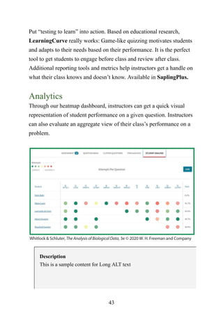 43
Put “testing to learn” into action. Based on educational research,
LearningCurve really works: Game-like quizzing motivates students
and adapts to their needs based on their performance. It is the perfect
tool to get students to engage before class and review after class.
Additional reporting tools and metrics help instructors get a handle on
what their class knows and doesn’t know. Available in SaplingPlus.
Analytics
Through our heatmap dashboard, instructors can get a quick visual
representation of student performance on a given question. Instructors
can also evaluate an aggregate view of their class’s performance on a
problem.
Description
This is a sample content for Long ALT text
 