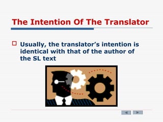 The Intention Of The Translator
 Usually, the translator’s intention is
identical with that of the author of
the SL text
 