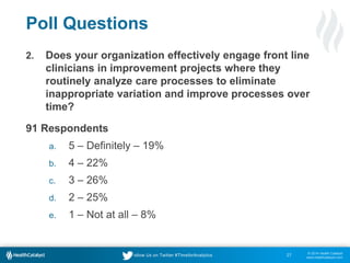 © 2014 Health Catalyst
www.healthcatalyst.com
Follow Us on Twitter #TimeforAnalytics
Poll Questions
2. Does your organization effectively engage front line
clinicians in improvement projects where they
routinely analyze care processes to eliminate
inappropriate variation and improve processes over
time?
91 Respondents
a. 5 – Definitely – 19%
b. 4 – 22%
c. 3 – 26%
d. 2 – 25%
e. 1 – Not at all – 8%
27
 