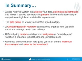 © 2014 Health Catalyst
www.healthcatalyst.com
Follow Us on Twitter #TimeforAnalytics
In Summary…
• A good Analytic System that unlocks your data, automates its distribution
and makes it easy to see important patterns in the data is necessary to
support meaningful and sustainable improvement.
• The data model on which your EDW is based matters.
• A Clinical Integration Hierarchy can help you organize how you think
about and manage health care delivery.
• Differentiating random variation from assignable or “special cause”
variation is important in healthcare and in improvement.
• Good use of your data can help guide you in an effort to maximize
improvement and value for the investment.
29
 