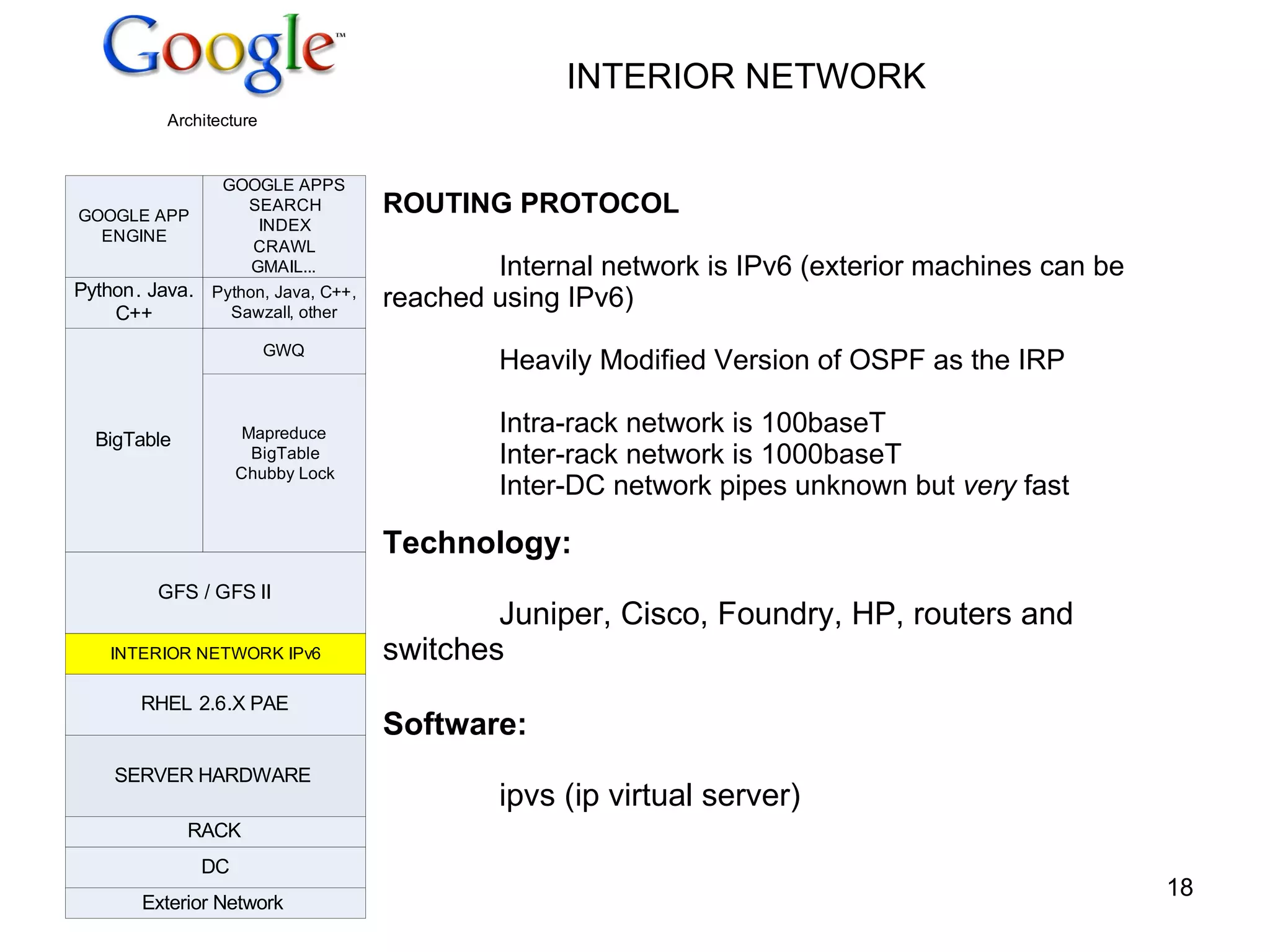 INTERIOR NETWORK ROUTING PROTOCOL Internal network is IPv6 (exterior machines can be  reached using IPv6) Heavily Modified Version of OSPF as the IRP Intra-rack network is 100baseT Inter-rack network is 1000baseT Inter-DC network pipes unknown but  very  fast Technology: Juniper, Cisco, Foundry, HP, routers and  switches Software: ipvs (ip virtual server) 