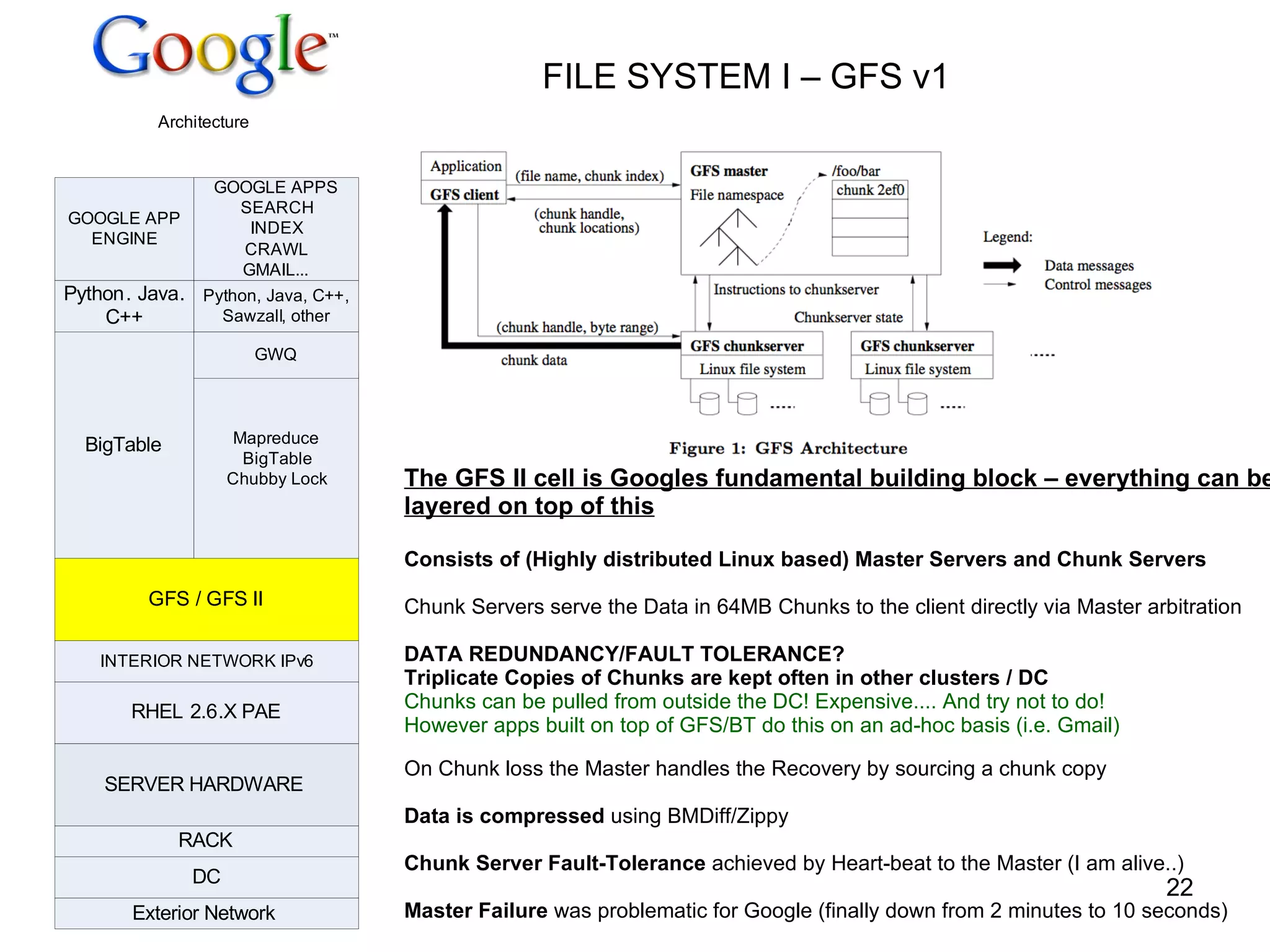 FILE SYSTEM I – GFS v1 The GFS II cell is Googles fundamental building block – everything can be layered on top of this Consists of (Highly distributed Linux based) Master Servers and Chunk Servers Chunk Servers serve the Data in 64MB Chunks to the client directly via Master arbitration DATA REDUNDANCY/FAULT TOLERANCE? Triplicate Copies of Chunks are kept often in other clusters / DC Chunks can be pulled from outside the DC! Expensive.... And try not to do! However apps built on top of GFS/BT do this on an ad-hoc basis (i.e. Gmail) On Chunk loss the Master handles the Recovery by sourcing a chunk copy Data is compressed  using BMDiff/Zippy Chunk Server Fault-Tolerance  achieved by Heart-beat to the Master (I am alive..) Master Failure  was problematic for Google (finally down from 2 minutes to 10 seconds) 