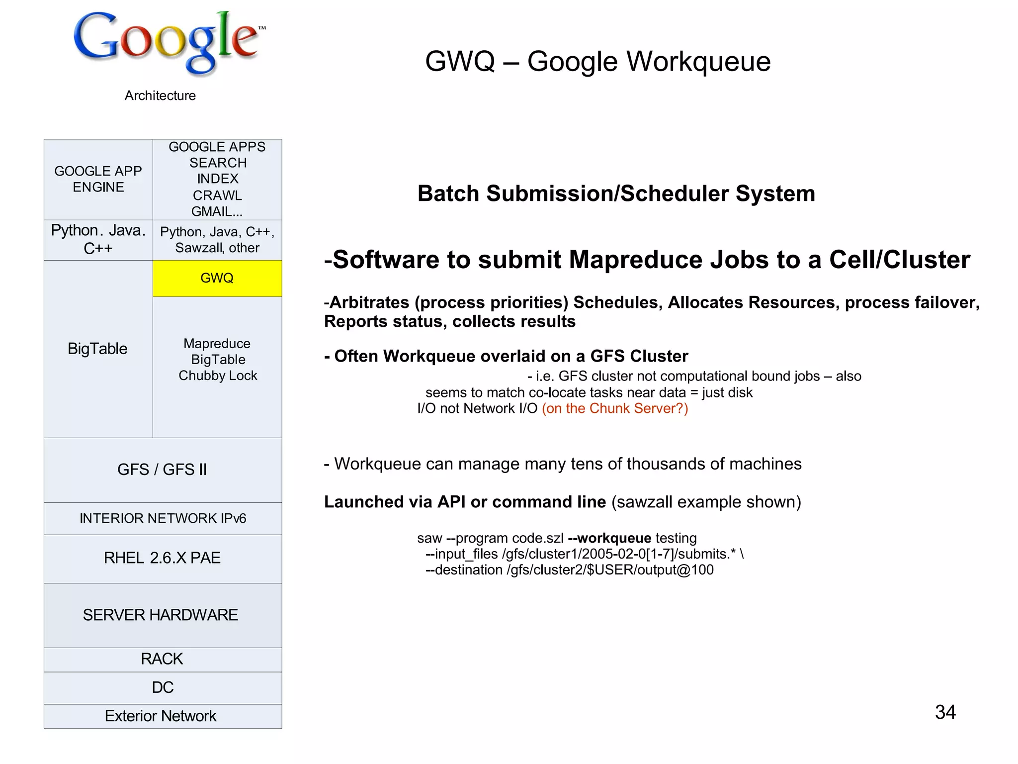 GWQ – Google Workqueue Batch Submission/Scheduler System Software to submit Mapreduce Jobs to a Cell/Cluster Arbitrates (process priorities) Schedules, Allocates Resources, process failover, Reports status, collects results - Often Workqueue overlaid on a GFS Cluster - i.e. GFS cluster not computational bound jobs – also  seems to match co-locate tasks near data = just disk  I/O not Network I/O  (on the Chunk Server?) Workqueue can manage many tens of thousands of machines Launched via API or command line  (sawzall example shown) saw --program code.szl  --workqueue  testing --input_files /gfs/cluster1/2005-02-0[1-7]/submits.* \  --destination /gfs/cluster2/$USER/output@100 