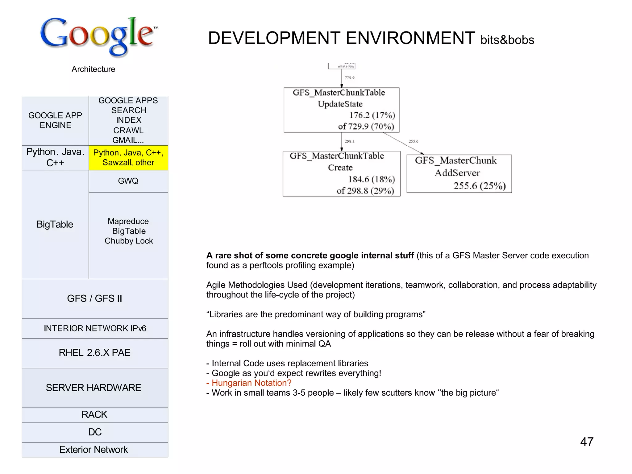 DEVELOPMENT ENVIRONMENT  bits&bobs A rare shot of some concrete google internal stuff  (this of a GFS Master Server code execution found as a perftools profiling example) Agile Methodologies Used ( development iterations, teamwork, collaboration, and process adaptability throughout the life-cycle of the project) “ Libraries are the predominant way of building programs” An infrastructure handles versioning of applications so they can be release without a fear of breaking things = roll out with minimal QA - Internal Code uses replacement libraries - Google as you‘d expect rewrites everything! - Hungarian Notation? - Work in small teams 3-5 people – likely few scutters know ‘‘the big picture“ 