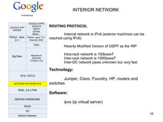 INTERIOR NETWORK ROUTING PROTOCOL Internal network is IPv6 (exterior machines can be  reached using IPv6) Heavily Modified Version of OSPF as the IRP Intra-rack network is 100baseT Inter-rack network is 1000baseT Inter-DC network pipes unknown but  very  fast Technology: Juniper, Cisco, Foundry, HP, routers and  switches Software: ipvs (ip virtual server) 