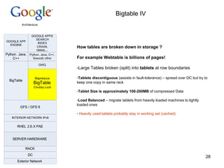 Bigtable IV  How tables are broken down in storage ? For example Webtable is billions of pages! Large Tables broken (split) into  tablets  at row boundaries Tablets discontiguous  (assists in fault-tolerance) – spread over DC but try to keep one copy in same rack Tablet Size is approximately 100-200MB  of compressed Data Load Balanced  – migrate tablets from heavily loaded machines to lightly loaded ones Heavily used tablets probably stay in working set (cached) 