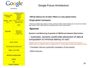 Google Future Architecture - 99%ile latency for all data <50ms is a key speed metric Single global namespace “ Spanning multiple data centers is still an unsolved problem. Most websites are in one and at most two data centers. How to fully distribute a website across a set of data centers. ” Spanner Dynamic Load Balancing of upwards of 10M Servers between Data Centers - “automatic, dynamic world-wide placement of data & computation to minimize latency or cost.” Allegedly used to reduce heat issues at DC‘s by moving the load when the heat issue becomes  a problem at the new chillerless DC‘s (i.e. Belgium DC) – not using chillers introducess significant savings. - Translation Servers (automatic translation of documents) - GDrive Servers 