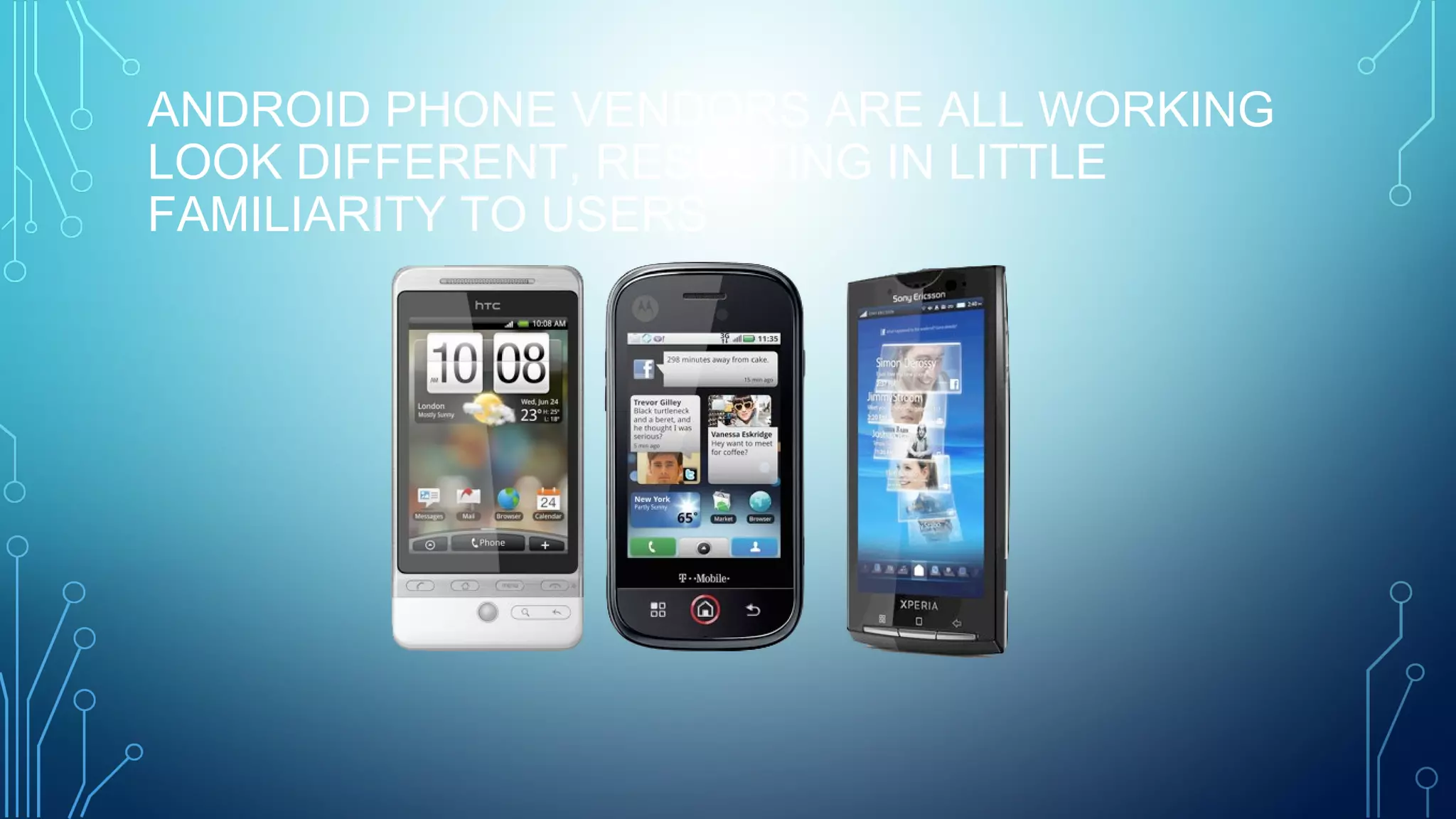 ANDROID PHONE VENDORS ARE ALL WORKING
LOOK DIFFERENT, RESULTING IN LITTLE
FAMILIARITY TO USERS
 