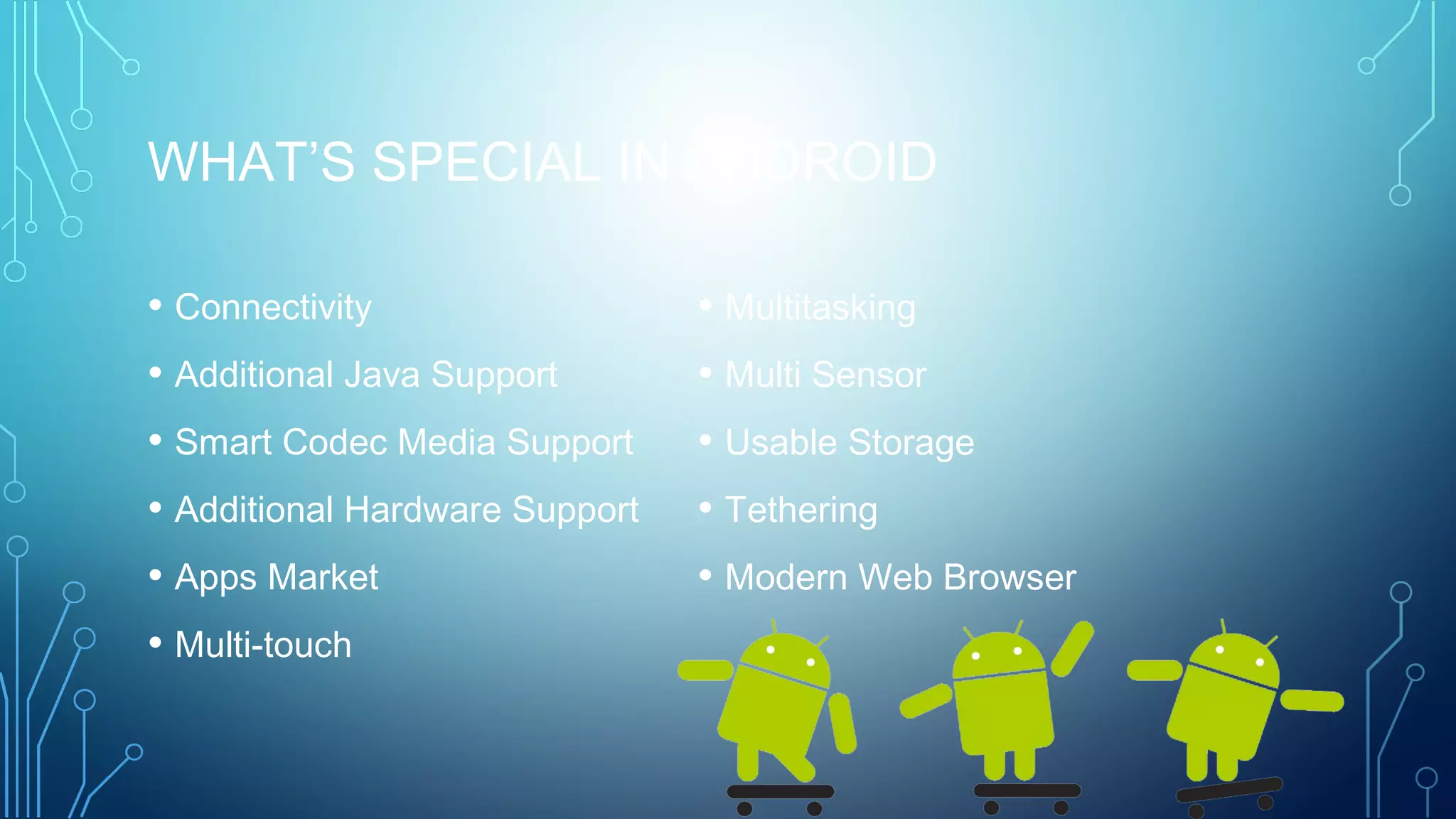 WHAT’S SPECIAL IN ANDROID
• Connectivity
• Additional Java Support
• Smart Codec Media Support
• Additional Hardware Support
• Apps Market
• Multi-touch
• Multitasking
• Multi Sensor
• Usable Storage
• Tethering
• Modern Web Browser
 
