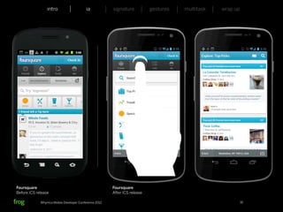 intro                    ia           signature           gestures   multitask   wrap up




Foursquare                                             Foursquare
Before ICS release                                     After ICS release

             Whymca Mobile Developer Conference 2012                                                        16
 