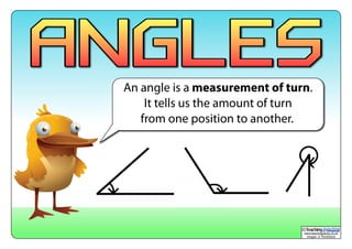 An angle is a measurement of turn.
It tells us the amount of turn
from one position to another.
www.teachingpacks.co.uk
Images: © ThinkStock
©
 