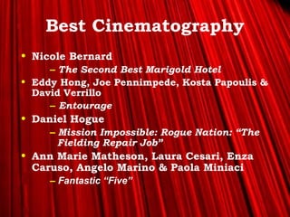>> 0 >> 1 >> 2 >> 3 >> 4 >>
Best Cinematography
• Nicole Bernard
– The Second Best Marigold Hotel
• Eddy Hong, Joe Pennimpede, Kosta Papoulis &
David Verrillo
– Entourage
• Daniel Hogue
– Mission Impossible: Rogue Nation: “The
Fielding Repair Job”
• Ann Marie Matheson, Laura Cesari, Enza
Caruso, Angelo Marino & Paola Miniaci
– Fantastic “Five”
 