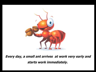 Every day, a small ant arrives  at work very early and starts work immediately.  