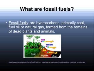 What are fossil fuels?

Fossil fuels: are hydrocarbons, primarily coal,
fuel oil or natural gas, formed from the remains
of dead plants and animals.

https://www.sciencedaily.com/terms/fossil_fuel.htm https://learner.org/courses/envsci/visual/img_med/coal_formation.jpg
 