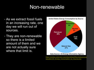 Non-renewable
• As we extract fossil fuels
in an increasing rate, one
day we will run out of
sources.
• They are non-renewable
so there is a limited
amount of them and we
are not actually sure
where that limit is.
https://articles.extension.org//sites/default/files/styles/previe
w/public/US_Energy_Consumption_by_Source.png
 