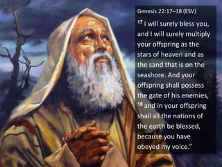Genesis 22:17–18 (ESV)
17 I will surely bless you,
and I will surely multiply
your offspring as the
stars of heaven and as
the sand that is on the
seashore. And your
offspring shall possess
the gate of his enemies,
18 and in your offspring
shall all the nations of
the earth be blessed,
because you have
obeyed my voice.”
 
