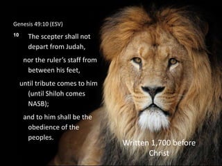 Genesis 49:10 (ESV)
10 The scepter shall not
depart from Judah,
nor the ruler’s staff from
between his feet,
until tribute comes to him
(until Shiloh comes
NASB);
and to him shall be the
obedience of the
peoples.
Written 1,700 before
Christ
 