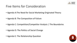 Five Items for Consideration
• Agenda A:The Need for Social Marketing Originated Theory
• Agenda B: The Composition of Failure
• Agenda C: Competition/Competitor Analysis | The Boundaries
• Agenda D: The Politics of Social Change
• Agenda E: The Relationship Question
 