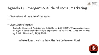 Agenda D: Emergent outside of social marketing
• Discussions of the role of the state
• Discussion of nudge
• Mols, F., Haslam, S. A., Jetten, J., & Steffens, N. K. (2015). Why a nudge is not
enough: A social identity critique of governance by stealth. European Journal
of Political Research, 54(1), 81-98.
Where does the state draw the line on intervention?
 