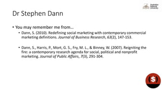 Dr Stephen Dann
• You may remember me from…
• Dann, S. (2010). Redefining social marketing with contemporary commercial
marketing definitions. Journal of Business Research, 63(2), 147-153.
• Dann, S., Harris, P., Mort, G. S., Fry, M. L., & Binney, W. (2007). Reigniting the
fire: a contemporary research agenda for social, political and nonprofit
marketing. Journal of Public Affairs, 7(3), 291-304.
 