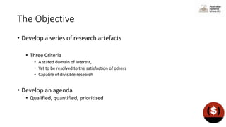 The Objective
• Develop a series of research artefacts
• Three Criteria
• A stated domain of interest,
• Yet to be resolved to the satisfaction of others
• Capable of divisible research
• Develop an agenda
• Qualified, quantified, prioritised
 