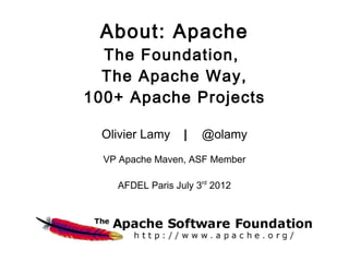 About: Apache
  The Foundation,
  The Apache Way,
100+ Apache Projects

  Olivier Lamy    |   @olamy
  VP Apache Maven, ASF Member

    AFDEL Paris July 3rd 2012
 