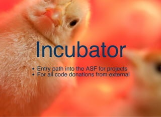 IncubatorIncubator
Entry path into the ASF for projects
For all code donations from external
 