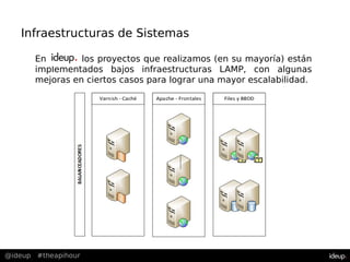 @ideup #theapihour
Infraestructuras de Sistemas
En ideu los proyectos que realizamos (en su mayoría) están
implementados bajos infraestructuras LAMP, con algunas
mejoras en ciertos casos para lograr una mayor escalabilidad.
 