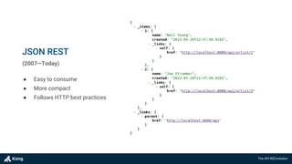 The API R(E)volution
JSON REST
● Easy to consume
● More compact
● Follows HTTP best practices
(2007—Today)
 