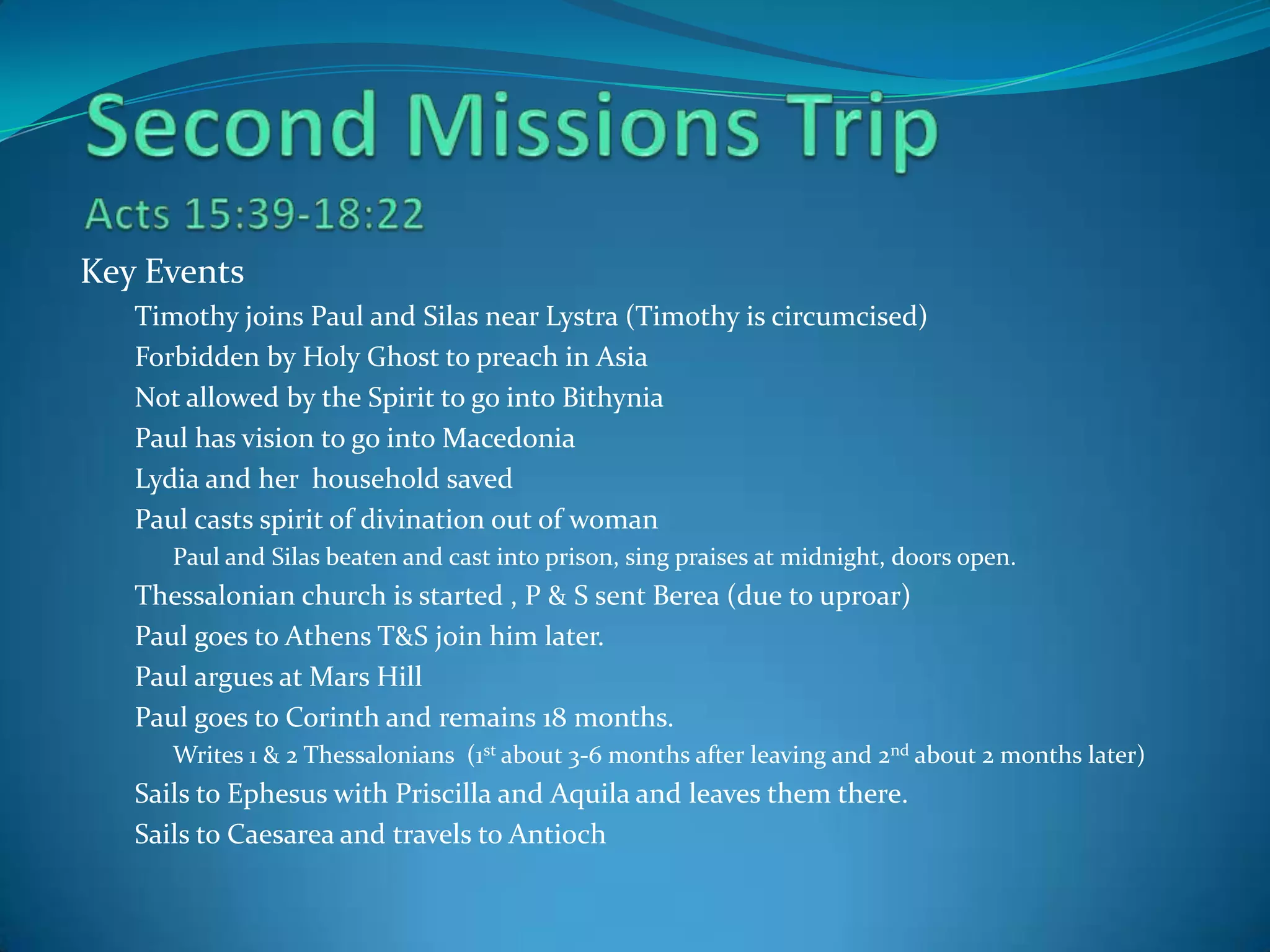 During 2nd Missionary Journey

During 1st Imprisonment

1st Thessalonians
2nd Thessalonians

Ephesians
Philippians
Colossians
Philemon

52
52

During 3rd Missionary Journey

62
62
62
63

During 2nd Imprisonment

1st Corinthians
2nd Corinthians
Galatians

55-57
55-57
55-57

Romans

57-58

Hebrews
Titus
1st Timothy
2nd Timothy

64-65
64-65
64-65
66-67

 