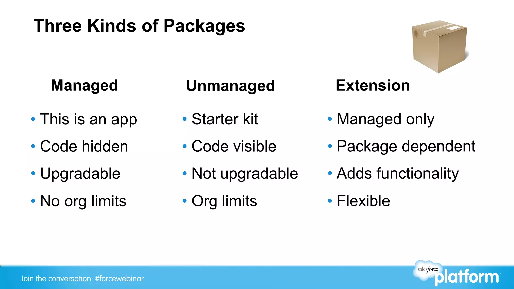 Three Kinds of Packages


        Managed                        Unmanaged            Extension

  •  This is an app                    •  Starter kit      •  Managed only
  •  Code hidden                       •  Code visible     •  Package dependent
  •  Upgradable                        •  Not upgradable   •  Adds functionality
  •  No org limits                     •  Org limits       •  Flexible



Join the conversation: #forcewebinar
 