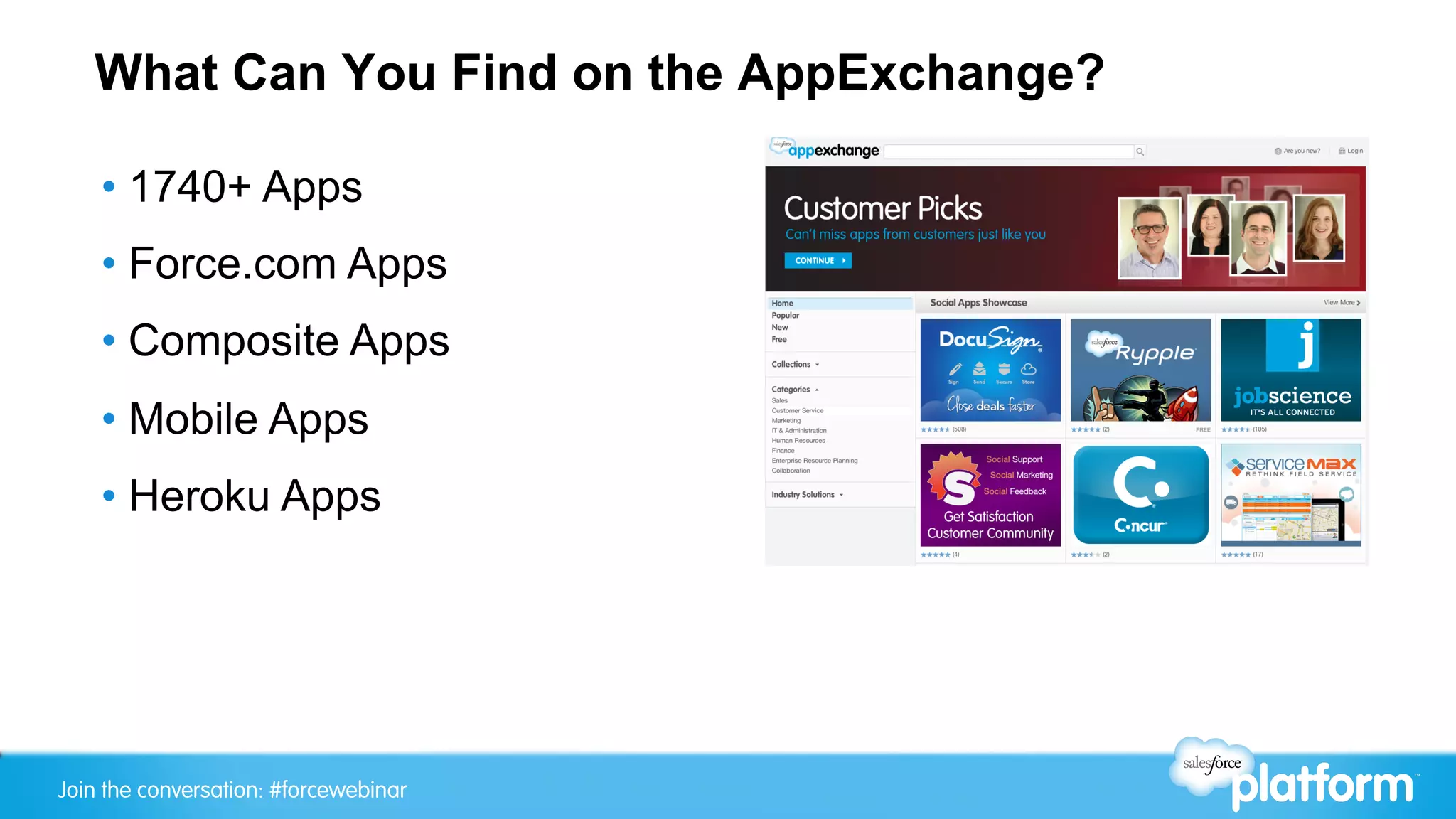 What Can You Find on the AppExchange?

    •  1740+ Apps
    •  Force.com Apps
    •  Composite Apps
    •  Mobile Apps
    •  Heroku Apps




Join the conversation: #forcewebinar
 