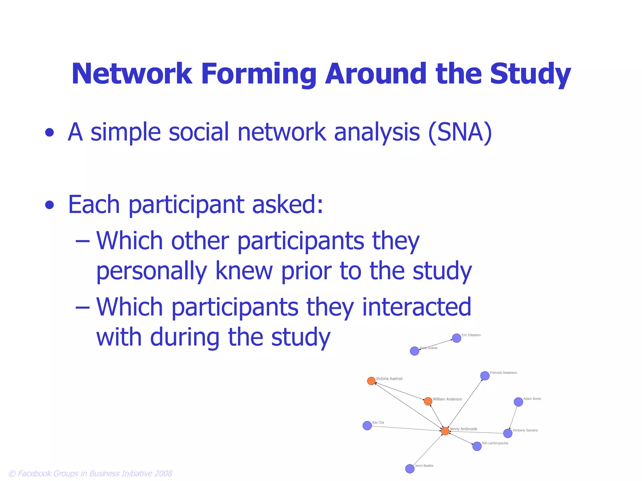 Network Forming Around the Study A simple social network analysis (SNA) Each participant asked: Which other participants they personally knew prior to the study Which participants they interacted with during the study 
