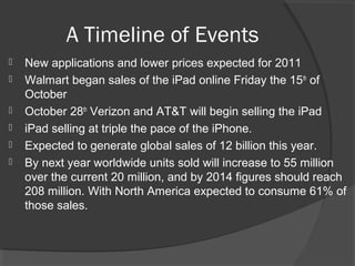 A Timeline of Events
 New applications and lower prices expected for 2011
 Walmart began sales of the iPad online Friday the 15th
of
October
 October 28th
Verizon and AT&T will begin selling the iPad
 iPad selling at triple the pace of the iPhone.
 Expected to generate global sales of 12 billion this year.
 By next year worldwide units sold will increase to 55 million
over the current 20 million, and by 2014 figures should reach
208 million. With North America expected to consume 61% of
those sales.
 