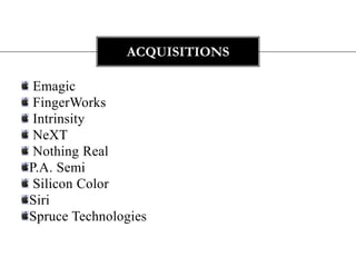Emagic  FingerWorks  Intrinsity  NeXT   Nothing Real P.A. Semi Silicon Color Siri Spruce TechnologiesAcquisitions 