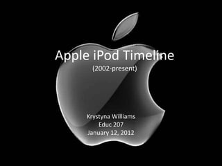Apple iPod Timeline
      (2002-present)




     Krystyna Williams
         Educ 207
     January 12, 2012
 