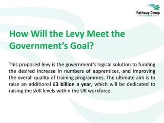How Will the Levy Meet the
Government’s Goal?
This proposed levy is the government’s logical solution to funding
the desired increase in numbers of apprentices, and improving
the overall quality of training programmes. The ultimate aim is to
raise an additional £3 billion a year, which will be dedicated to
raising the skill levels within the UK workforce.
 