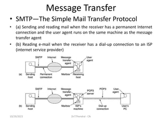 Message Transfer
• SMTP—The Simple Mail Transfer Protocol
• (a) Sending and reading mail when the receiver has a permanent Internet
connection and the user agent runs on the same machine as the message
transfer agent
• (b) Reading e-mail when the receiver has a dial-up connection to an ISP
(internet service provider)
10/29/2023 Dr.T.Thendral - CN
 