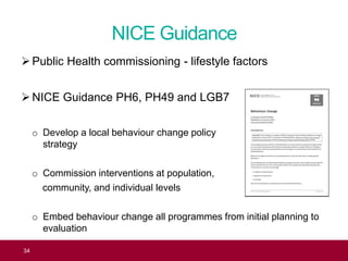 NICE Guidance
Public Health commissioning - lifestyle factors
NICE Guidance PH6, PH49 and LGB7
o Develop a local behavio...